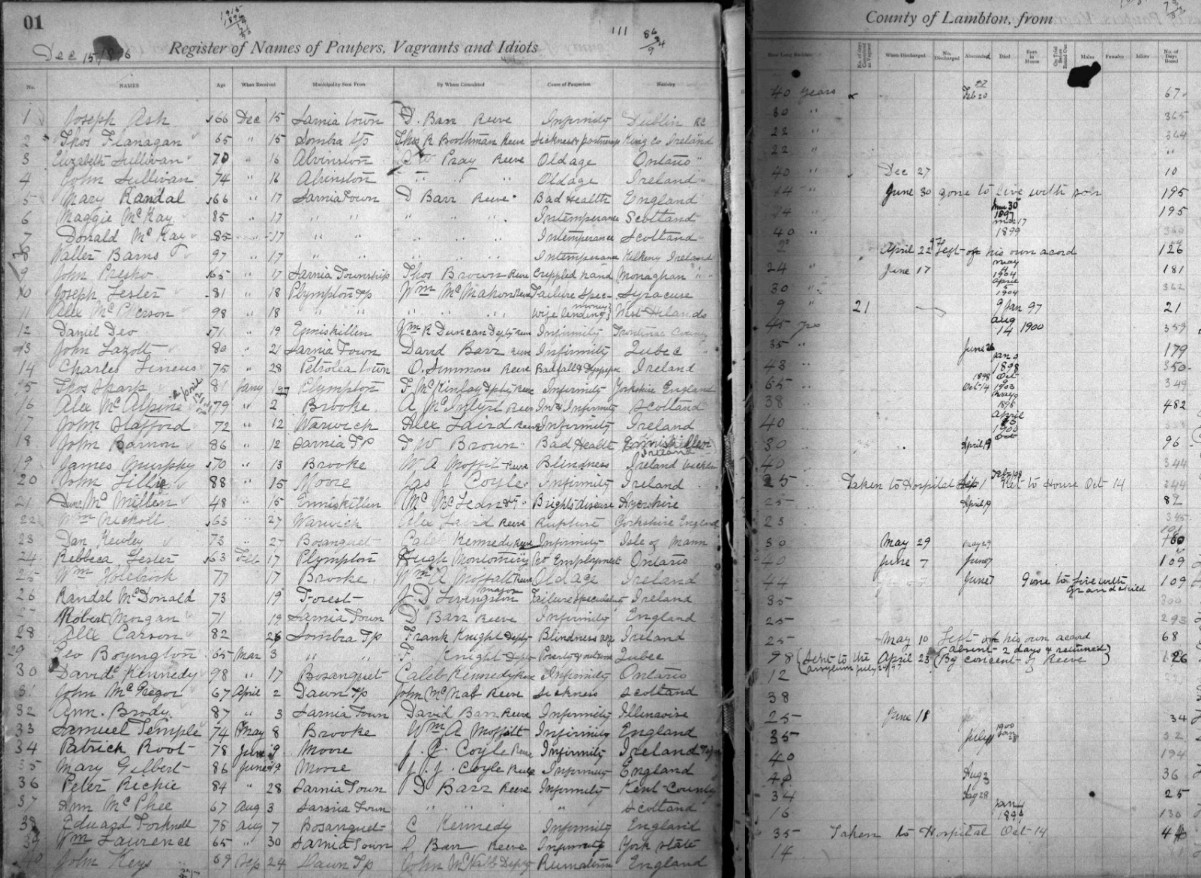A handwritten ledger titled "Register of Names of Paupers, Vagrants and Idiots," listing individuals admitted to a county institution, with columns detailing names, dates, origins, conditions, and other personal information.