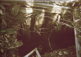 Dark interior photograph of what appears to be a well, showing wooden support beams and electrical wiring along the ceiling. 