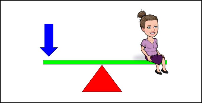 person sitting on a lever with a blue arrow on the other end.